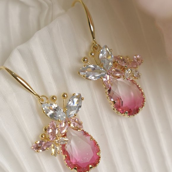 Zircon Rose Quartz Butterfly Drop Earrings - Picture 3 of 11